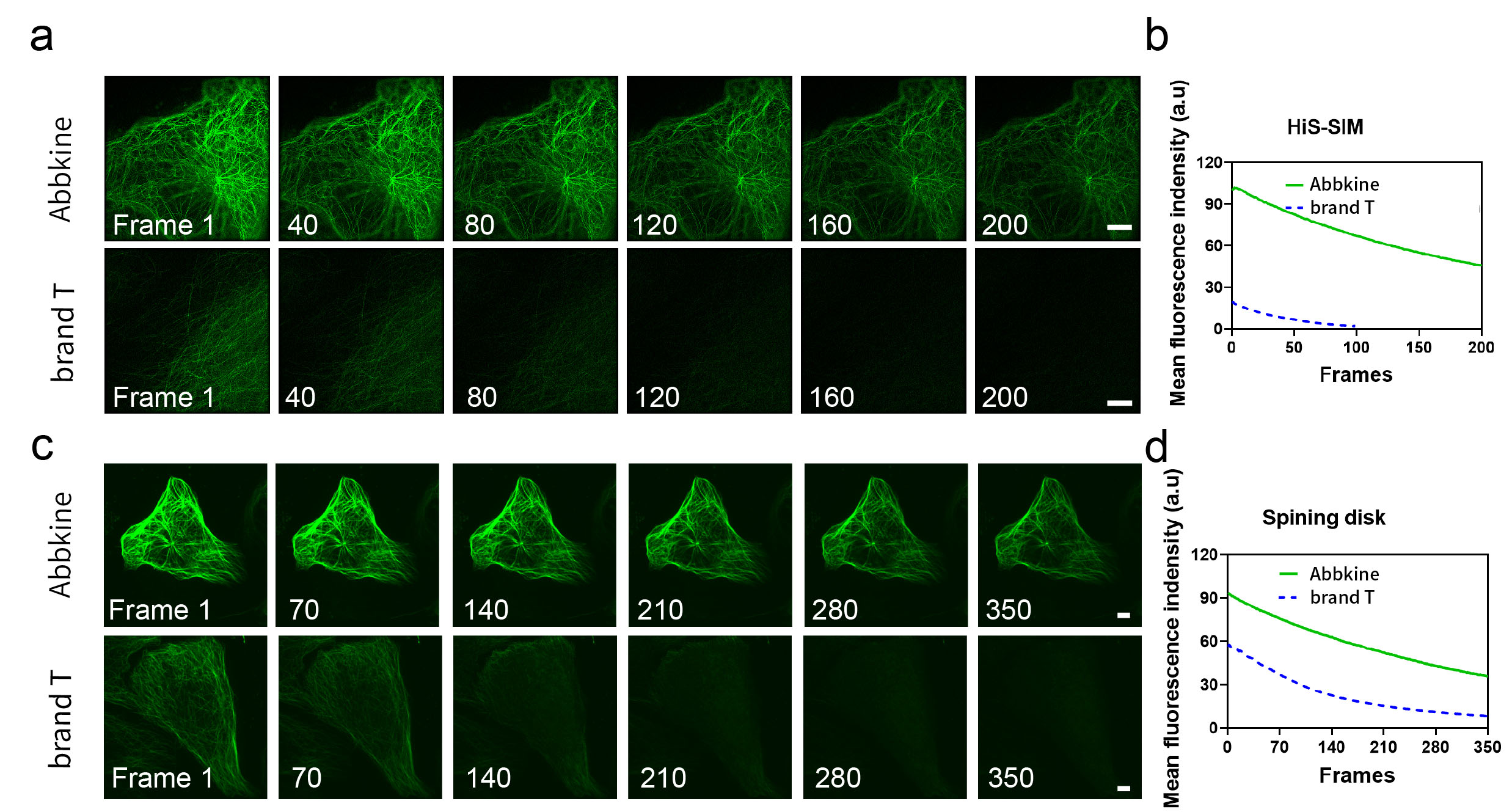 Fig.2. Long time series images (a, c) and corresponding fluorescence bleaching curves (b, d) were obtained by using HiS SIM Abbkine TraKine™ Pro Live-cell Tubulin-traker kit (Green Fluorescence) and Spining disk confocal microscopy of Tubulin Green and commercially available Tubulin Tracker Green on U-2 OS cells, respectively. Scale bars: 5 μM.